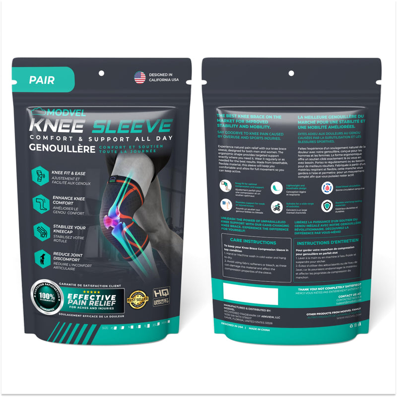 Modvel Compression Knee Brace for Women & Men - 2 Pack Knee Brace for Running Knee Pain, Knee Support Compression Sleeve, Workout Sports Knee Braces for Meniscus Tear ACL & Arthritis Pain Relief A Black Large