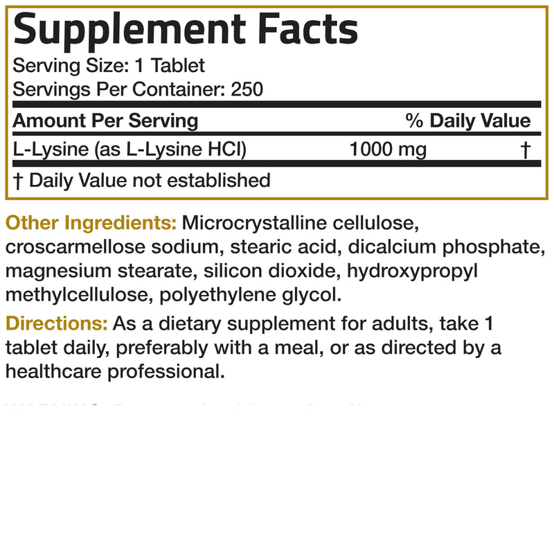 Bronson L-Lysine Extra Strength 1000 mg, 250 Vegetarian Tablets | Immune Support, L-Lysine HCl, Essential Amino Acid, Collagen Synthesis Support, Non-GMO, Gluten-Free & Soy-Free 250 Count (Pack of 1)