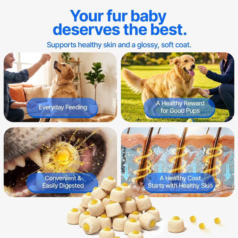 Fish Oil for Dogs, Omega 3 Supplement with Hollow Freeze-Dried Pill Hider Treats, High EPA & DHA Skin and Coat Support for Dry Itchy Skin, Joints & Picky Eaters, Mess-Free Combo 112 Softgels + 118 Freeze-Dried Bites