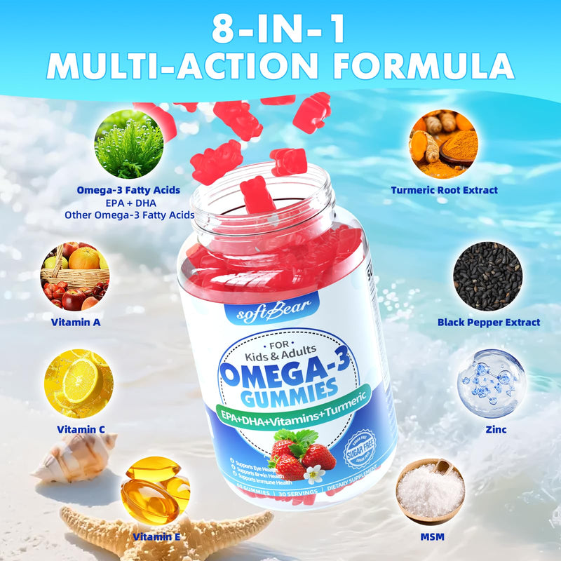 softbear Omega 3 Gummies for Women & Men & Kids Omega 3 Supplements 1200mg Vegan Omega 3 Fatty Acids DHA EPA with Vitamins Support Eye & Brain Health, Sugar Free, Strawberry Flavor 120 Count 60 Count (Pack of 2)
