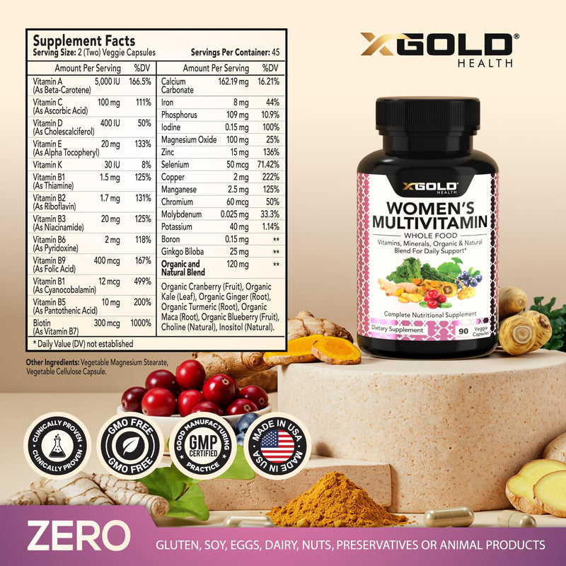 X Gold Health Vegan Women's Daily Multivitamin 50 Plus Organic WholeFood | Based Natural Ingredients, Ginger, Maca, Multi-Vitamin B Complex & More - Energy Support, Immune System Booster -90 Capsules