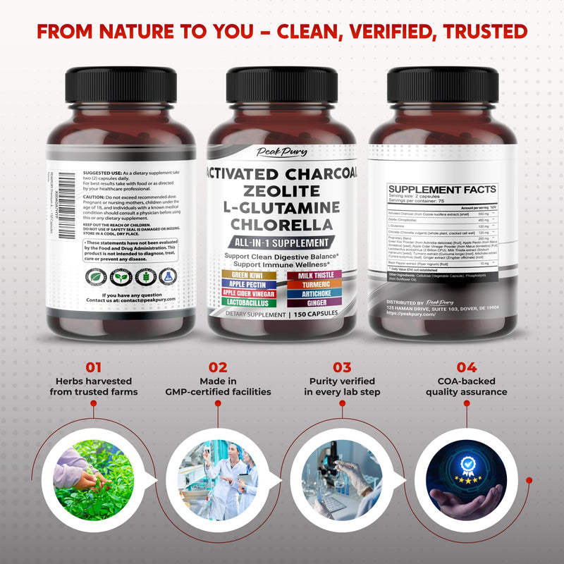 Premium All-in-1 Activated Charcoal, Zeolite, L-Glutamine & Chlorella ‚Äì Supports Digestive Cleanse & Immune Wellness ‚Äì Made in The USA ‚Äì 150 Capsules 150 count (pack of 1) - BeesActive Australia
