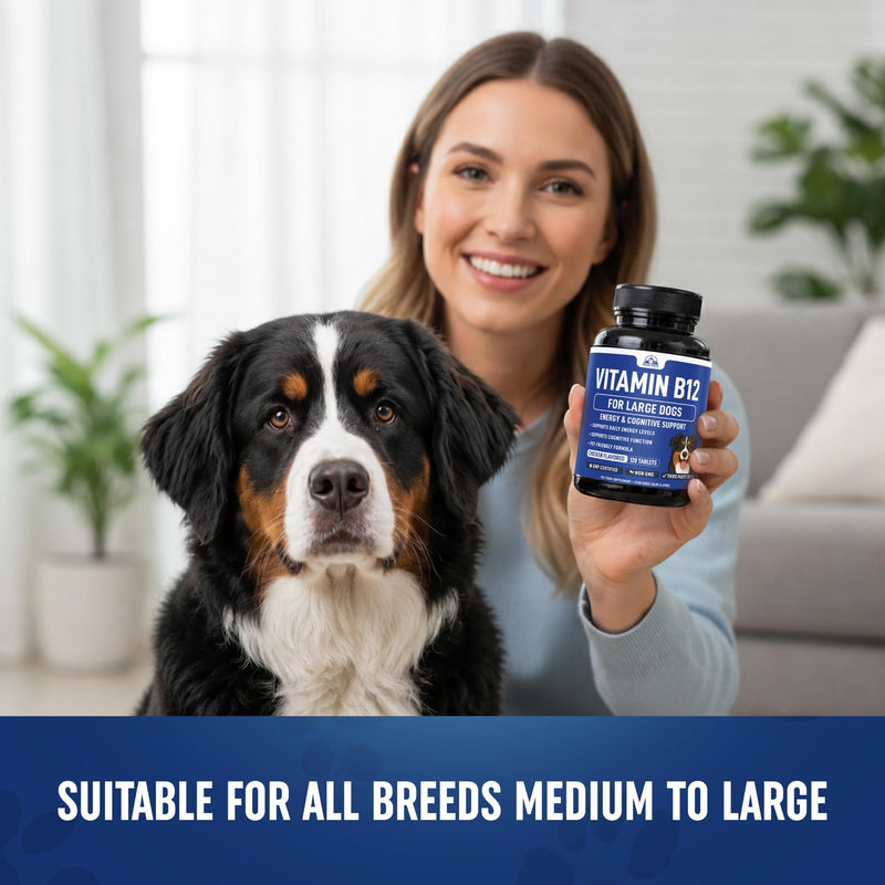 Vitamin B12 Supplement for Medium & Large Dogs with Cobalamin, Folate - Vitamin B12 for Dogs Tablet Energy & Cognitive Support - 120 Chicken Flavored Chewable Tablets -Third Party Tested, Non GMO Medium & Large Dogs (120 Count)