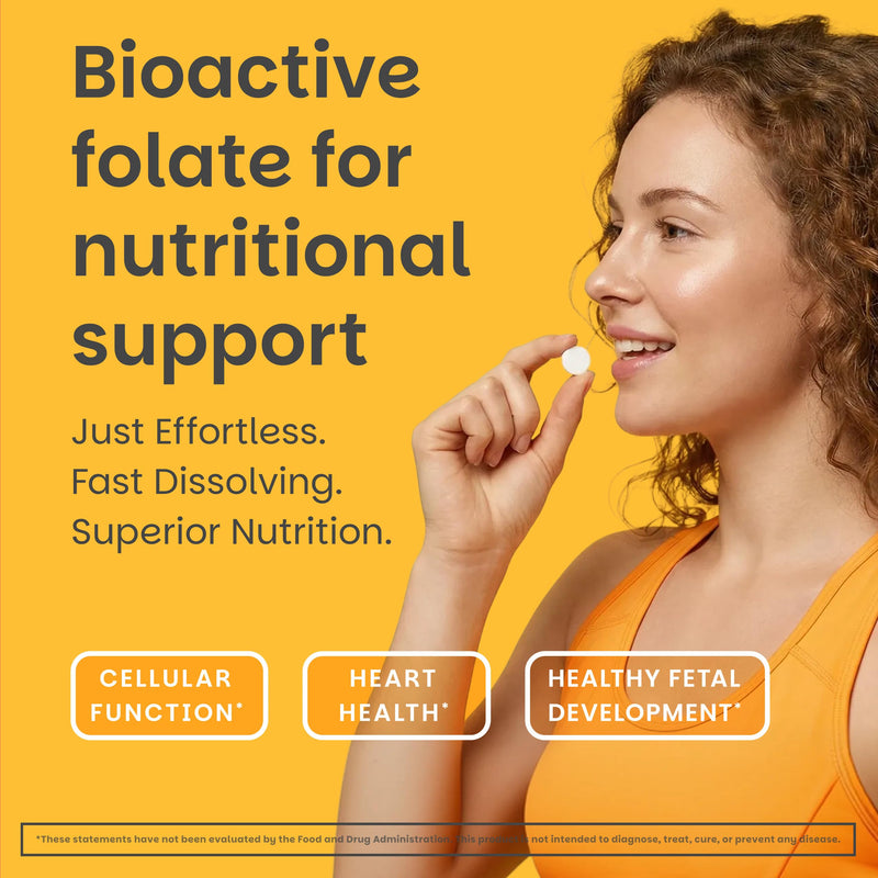 EZ Melts Dissolvable Folate 1,667 mcg DFE - Methylated Folate Supplement - Heart Health & Healthy Fetal Development - Non-GMO, Vegan & Dairy-Free - Orange Blast -60 Dissolvable Tablets (60 Servings) 60 Count (Pack of 1)