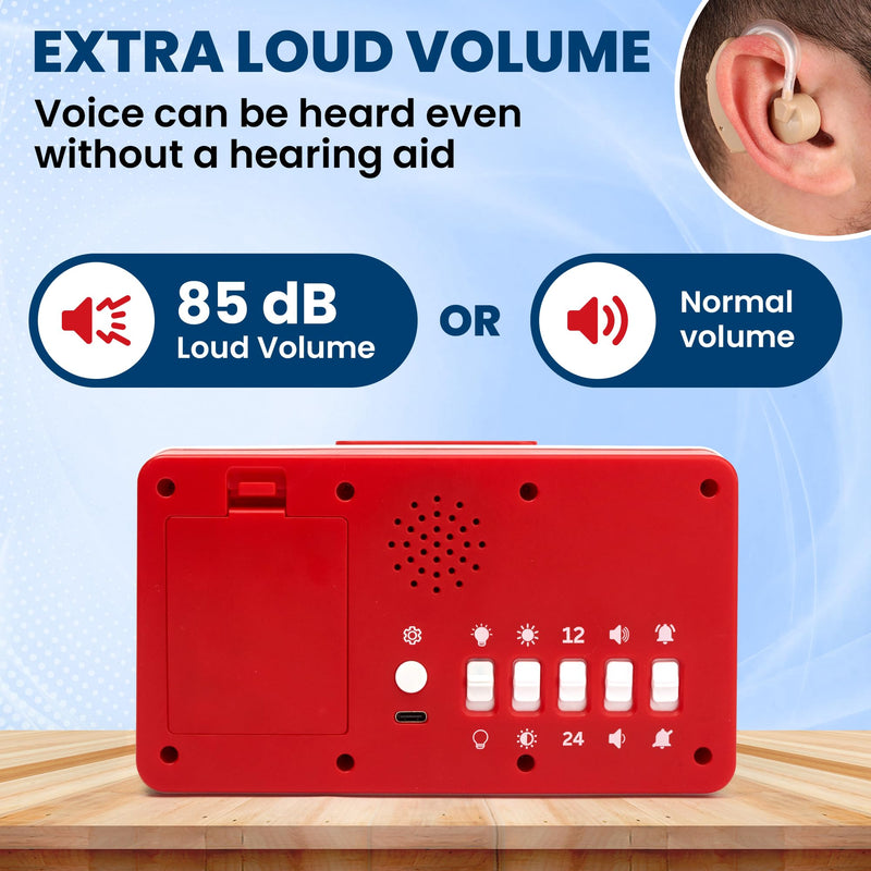 Talking Clock - Extra Loud Time & Date for Elderly, Dementia, Low Vision Red