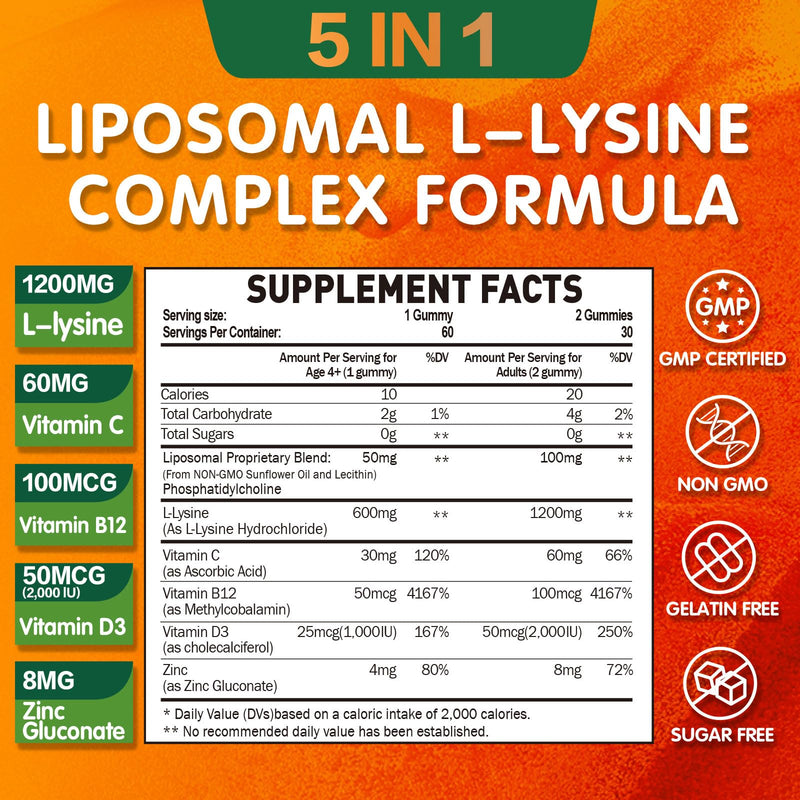 Liposomal L-lysine Gummies 1200mg, 60CT | Lysine Chewable Supplement with Vitamin C, D3, B12 & Zinc, For Adults & Kids, Immune & Collagen Support, Lips & Skin Health 60 Count (Pack of 1)