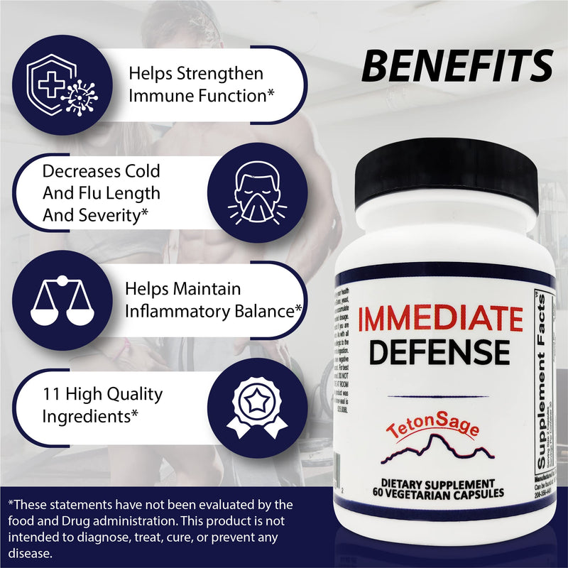 Immediate Defense Immune Support - Zinc, Black Elderberry, Echinacea, Vitamin A & C with B12, | Powerful Immunity Booster for Adults | Immune System Booster Supplement 60 Capsules