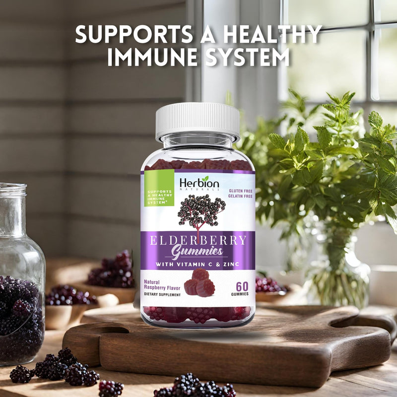 HERBION Elderberry Gummies with Vitamin C & Zinc - Healthy Immune System Support - Gluten-Free & Gelatin-Free - 60 Gummies for Adults & Children 4 Years & Above - Made in USA, 60 Count (Pack of 1) 1 Count (Pack of 1)