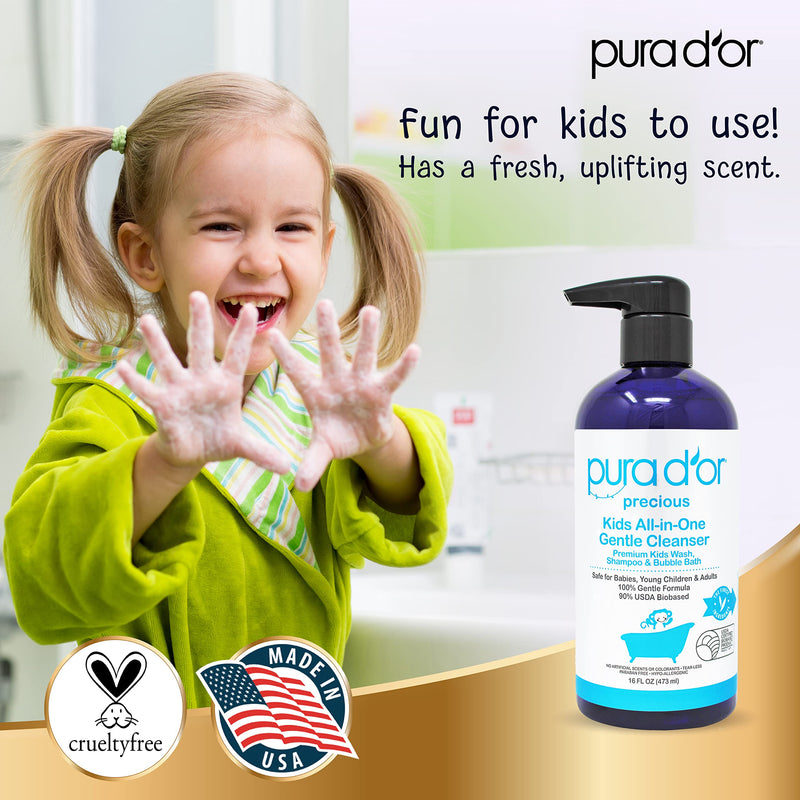 PURA D'OR 16 Oz Kids Wash - All-in-One Gentle Cleanser - USDA Biobased, Sulfate-Free, Tear-Less, Hypoallergenic, Premium, Shampoo & Bubble Bath 16 Fl Oz (Pack of 1) - BeesActive Australia
