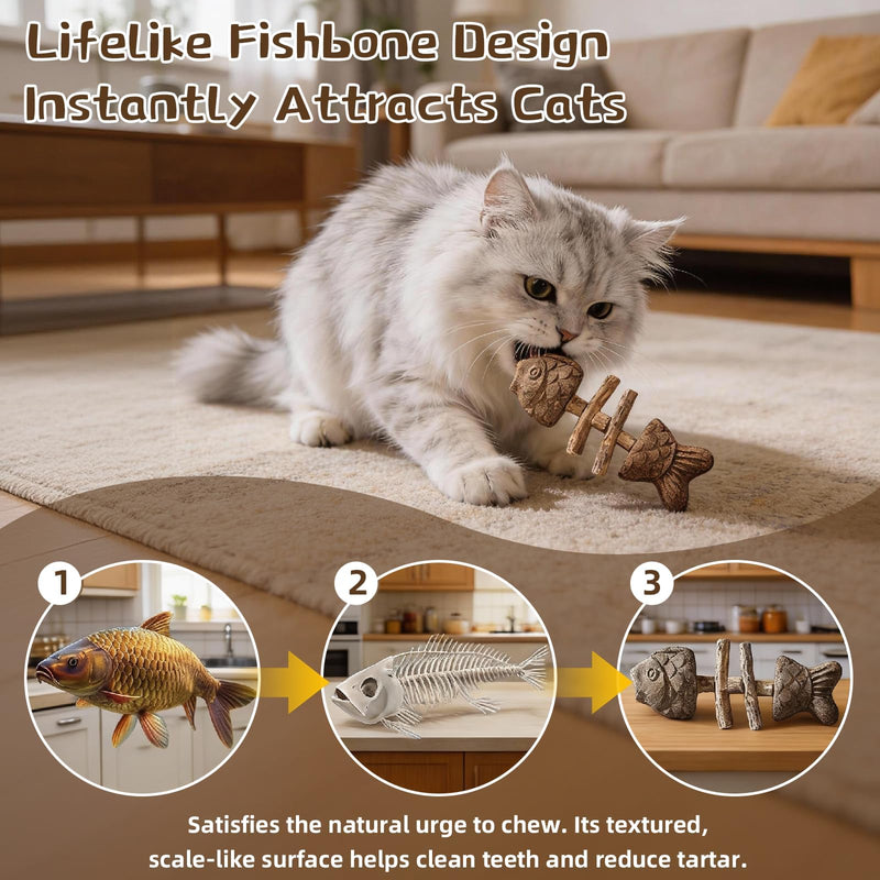 Catnip and Silvervine Cat Chew Sticks for Dental Health - Natural Wood Teething Toys with 2 Fish Bone & 2 Silvervine Flavors, Durable Interactive Chews for Indoor Cats and Kittens Teeth Cleaning