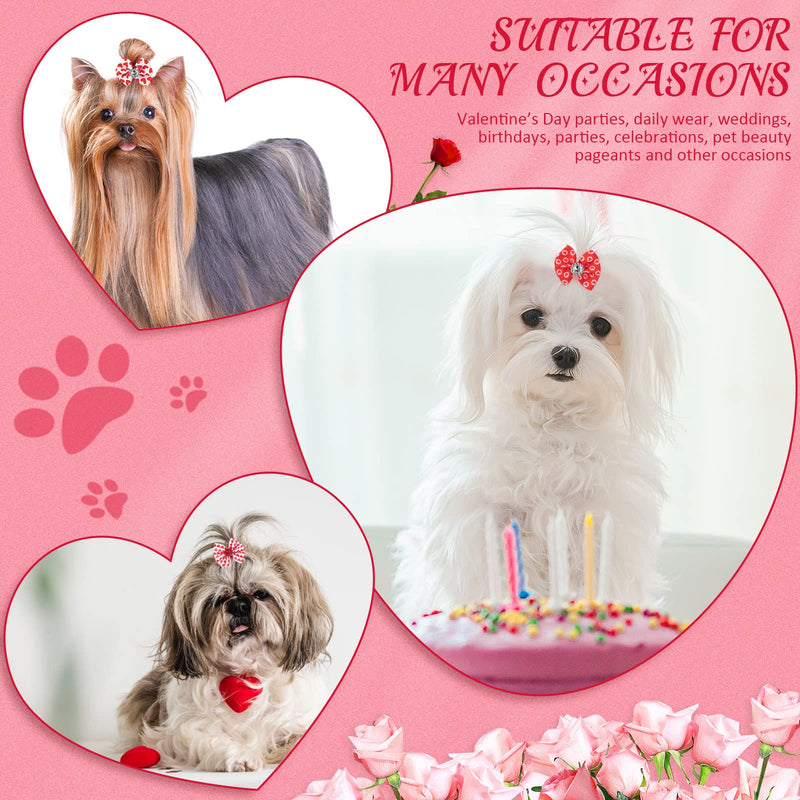 Chuangdi 24 Pcs Valentine's Day Dogs Hair Bows for Pet Hair Bows with Rubber Band Ribbon Curly Dog Hair Bows Adorable Rhinestone Dog Bows Puppy Bows Cat Dog Hair Accessories Heart Pattern - BeesActive Australia
