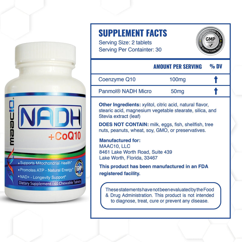 MAAC10 NADH + CoQ10 Supplement, Great Tasting Chewable Tablets, 60 Tablets | For Fatigue, Cellular Energy and Mental Focus, NAD+ Supplement with 50mg PANMOL® NADH + 100mg CoQ10, 30 Day Serving 60 Count (Pack of 1)