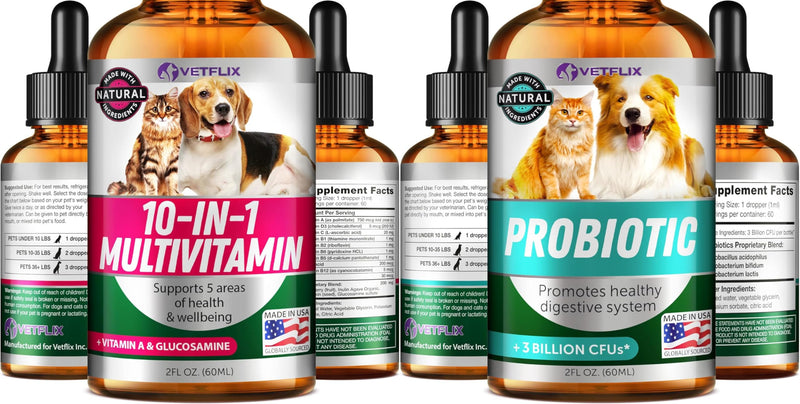 Immune & Digestive Support Bundle for Dogs, Cats, Puppies, and Kittens - 10 in 1 Pet Vitamins + Premium Probiotics - Made in USA - Supports Joint, Heart, Skin, Digestive, and Immune Health - 2 Fl Oz e