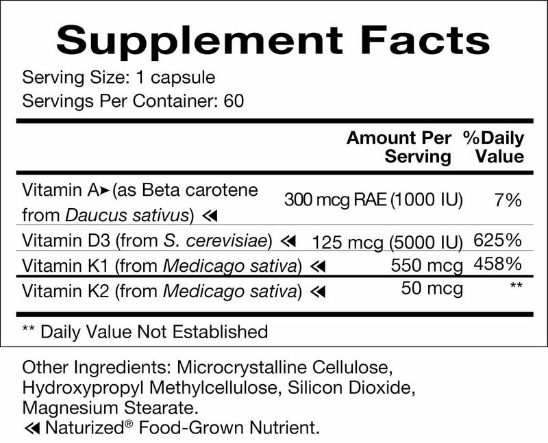 Natura Health Products D-A-K ADK Vitamin D3 5000 IU K2 K1 & A 60 Capsules | 50 mcg K2, 550 mcg K1 and 1000 IU A support calcium metabolism, bone, heart and immune health, fat-soluble blend*