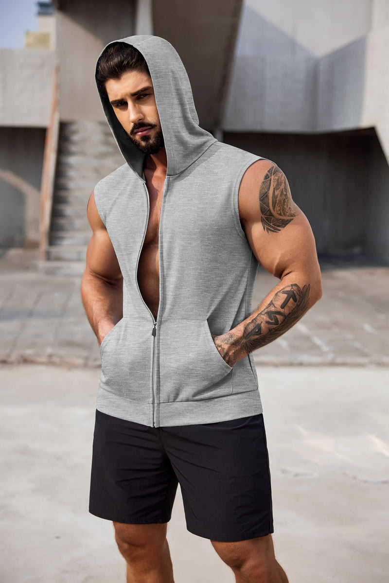 COOFANDY Men's Workout Hooded Tank Tops 2 Pack Zip Up Sleeveless Gym Shirts Muscle Cut Off T Shirt Bodybuilding Hoodies Medium Light Grey/Black(2pcs)