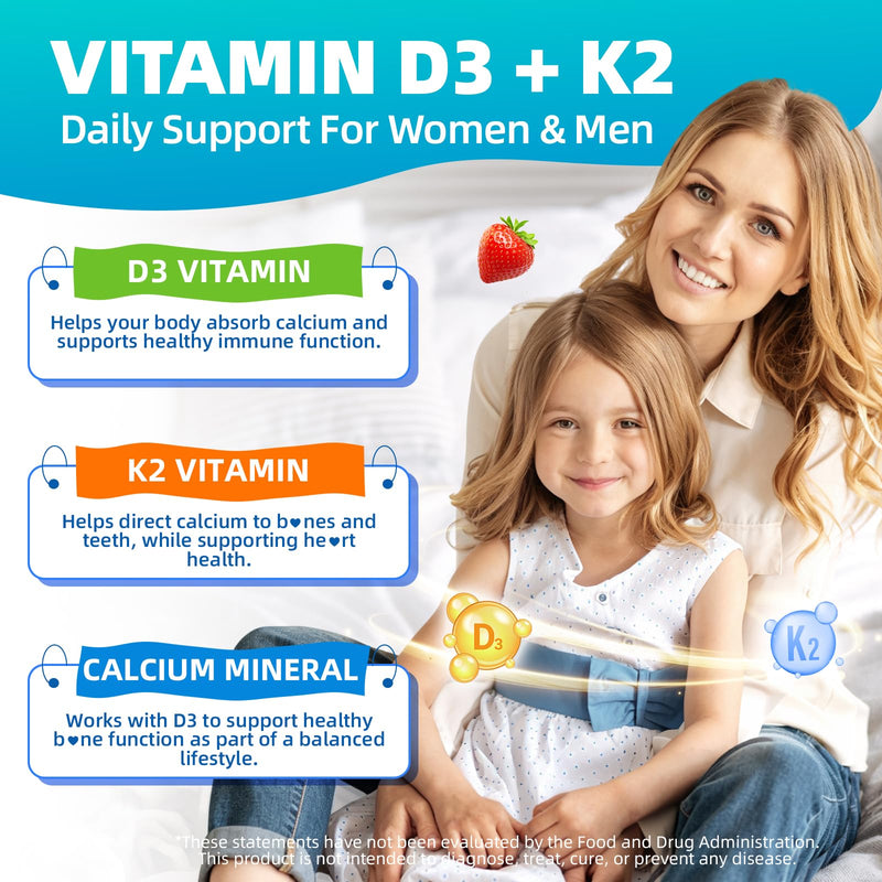 Vitamin D3 K2 Gummies 5000IU Sugar Free Supplement, 120 Count | Vitamin D3 K2 Supplement 5000IU D3 & K2 200mcg, Non-GMO, Strawberry, Supports Bone & Calcium Absorption* for Daily Wellness