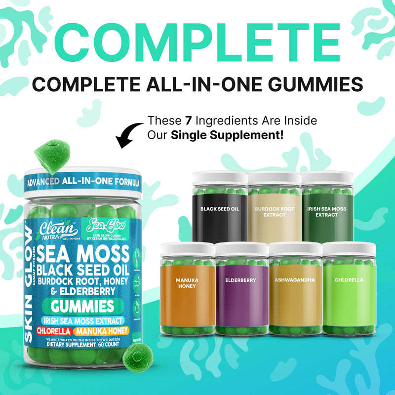 Clean Nutra Sea Moss Gummies Black Seed Oil Chlorella Ashwagandha Root Hair Growth Skin Glow Irish Sea Moss Elderberry Burdock Manuka Honey Trace Minerals Detox 60 Gummy Vitamins Sea Glow Supplement