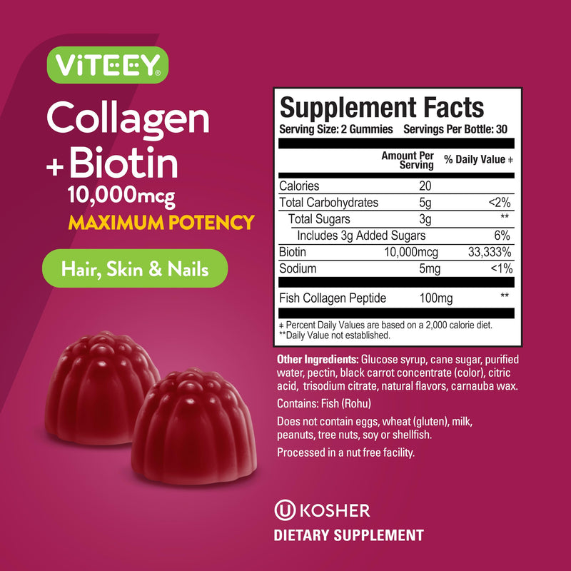Viteey Collagen Gummies with Biotin Gummies | for Hair Skin and Nails Vitamins - Biotin and Collagen Supplements for Women & Men - Gluten-Free - 120 Count 60 Count (Pack of 2)