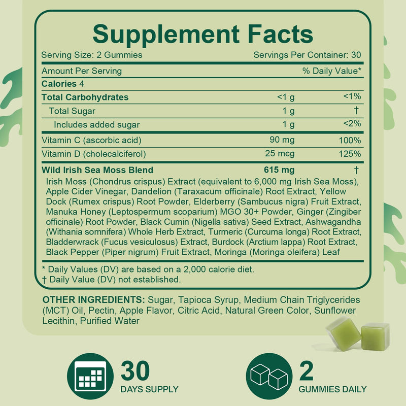Sea Moss Gummies, 16-in-1 Blend with Ashwagandha, Black Seed Oil, Bladder Wrack, Turmeric, Vitamin C & D3, Manuka Honey, Burdock Root, Dandelion, Yellow Dock, Elderberry - Green Apple Flavor