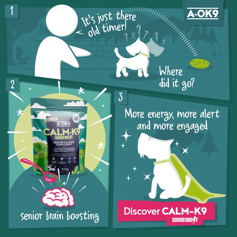 Senior Calm-K9 | Calming Support Supplement for Senior Dogs | Supports Relaxed Behaviour During Fireworks & Travel | Natural Ingredients & Superfoods | Mix with Dog Food