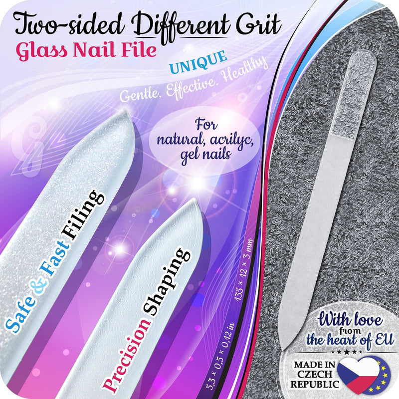 Genuine Czech Glass Nail File Set - Multi-Functional Shiner Buffer, Double Sided Different Grit Etched Surface, Manicure & Pedicure, Professional Nail Care Tool, EU Quality by GLADZY Shiner Set - With Big Nail File