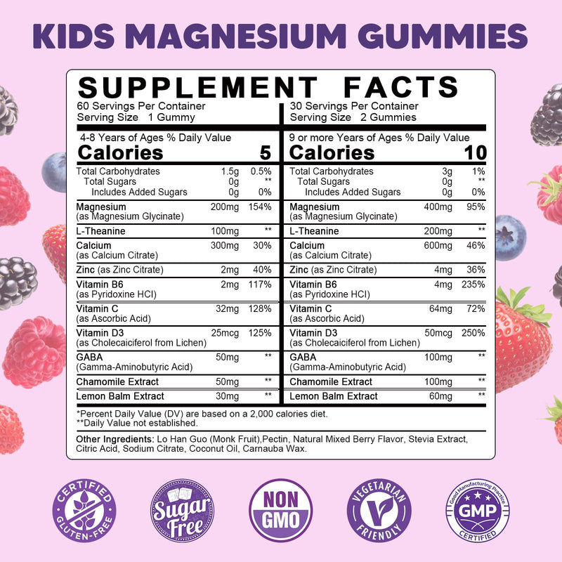 Kids Magnesium Gummies, Magnesium Glycinate Gummies 400mg/200mg with L-Theanine, Chamomile, Vitamin B6, D3 for Kids, Relaxation & Zzz Support, Nerve Bone - Sugar Free Mixed Berry Flavor 60ct 60 Count (Pack of 1)