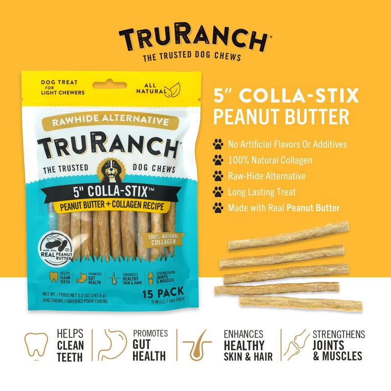 TRURANCH Collagen Sticks - 5" Collagen Sticks for Dogs - Long Lasting Healthy Joint Support - Rawhide Alternative - Skin & Coat Health - Made with Real Peanut Butter, Value Pack, 3 Bags, 45 Count Peanut Butter - 3 Pack (45 Count)