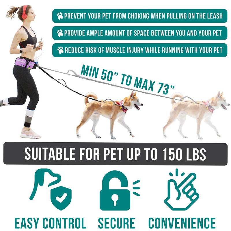 PetAmi Hands Free Dog Leash, Running Leash Belt Bag for Walking, Jogging, Waist Double Zipper Pouch with Poop Dispenser, Dual Padded Handles Reflective Bungee Single, Purple, 1 Leash - BeesActive Australia