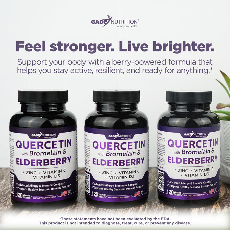 Gade Nutrition Quercetin with Bromelain Elderberry Vitamin C and Zinc | Sambucus Immune Support Supplement 500mg Capsules | Gluten-Free | Made in USA | 2 Month Supply Third Party Tested 120 Count (Pack of 1)
