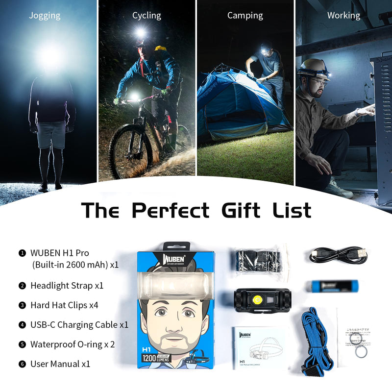 WUBEN H1 Pro Rechargeable Headlamp, 1200 High Lumen Ultra Bright LED Head Lamp, 11 Modes 180°Adjustable IP68 Headlight with Red Light for Outdoors Camping Hunting Hiking Running Fishing Gear White