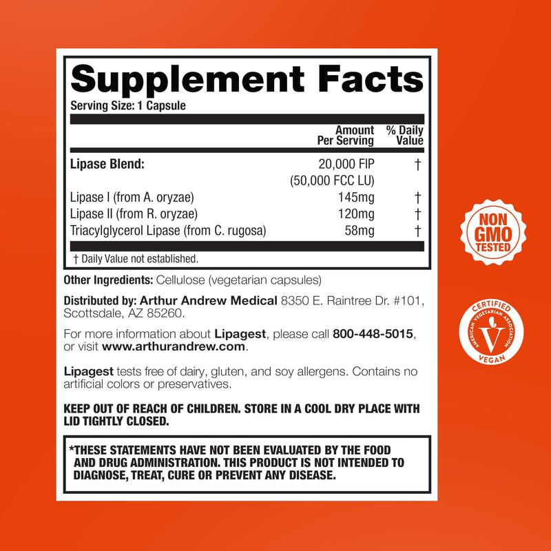 Arthur Andrew Medical, Lipagest, Lipase Enzyme, 20,000 FIP | Highly Potent Lipase Enzyme 20,000 FIP. Optimal Digestion of Fats - No Gallblader & Keto Support 90 Count (Pack of 1)