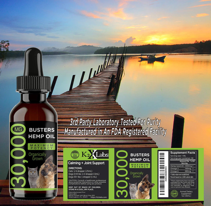 Busters Organic Hemp Oil 2Pack, 2Months Supply Treats for Dogs and Cats Perfect Ratio Omega 3 and 6 Made in USA Hip and Joint Health, Natural Relief, Calming