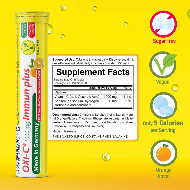 T&D Oxi C 1000 mg Vitamin C - 40 Vegan Drink Effervescent Tablets - Orange Flavor - Made in Germany | Boost immunity fast with potent antioxidants in refreshing, easy-dissolve, vegan-friendly orange effervescent tablets! Vitamin C 1000 mg 40 Servings