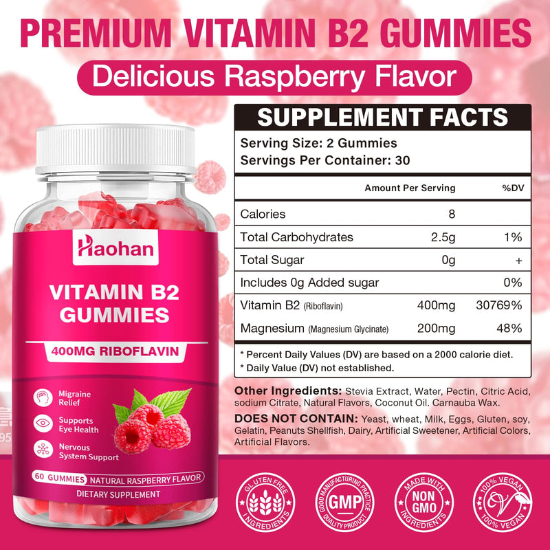 Haohan Vitamin B2 400mg with Magnesium Gummies for Migraine and Nervous System Support in Sugar-Free Vegan Raspberry Flavor, 120 Count for Adults and Kids