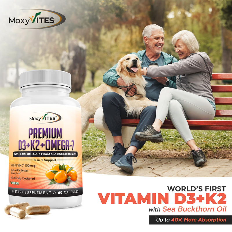 MoxyVites Vitamin D3 K2 5000 IU – High Absorption D3 + K2 MK-7 with Sea Buckthorn Oil & Omega-7 – Bone, Heart & Immune Support for Women & Men – 60 Vegan Capsules