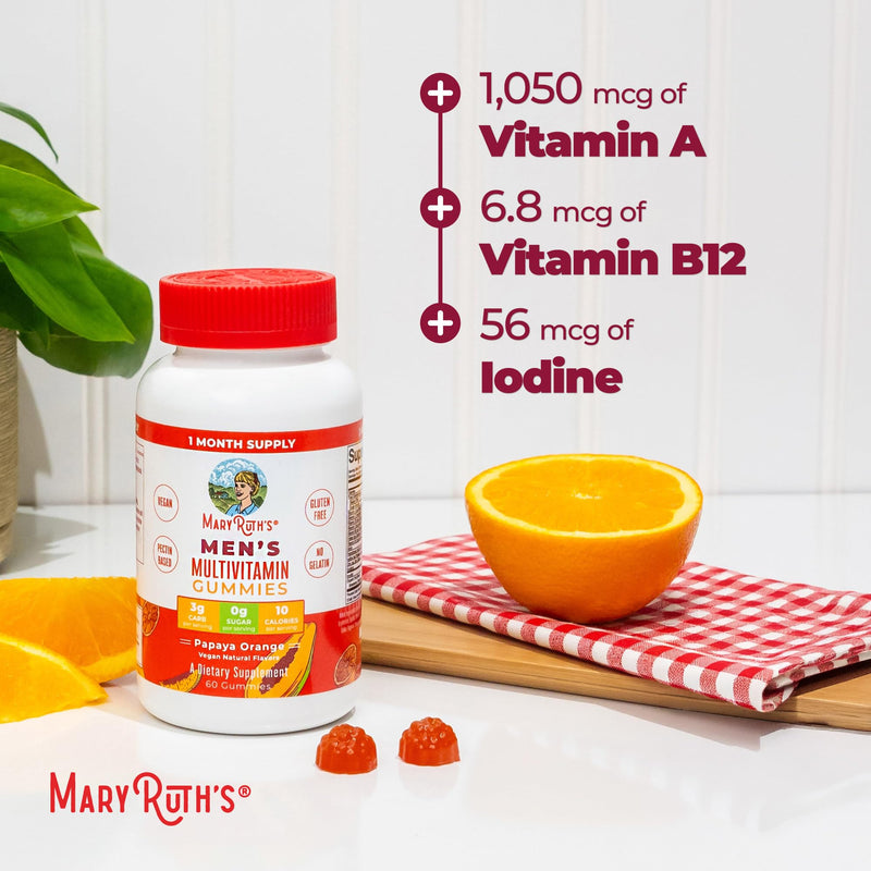 MARYRUTH'S Men's Multivitamin Gummies, Energy Metabolism, Vegan, 60 Count | Vitamin A, C, D, E, B6, B12, Biotin, Zinc, Energy Metabolism, Immunity, Bone Health, Cellular Health Papaya Orange 60 Count (Pack of 1)