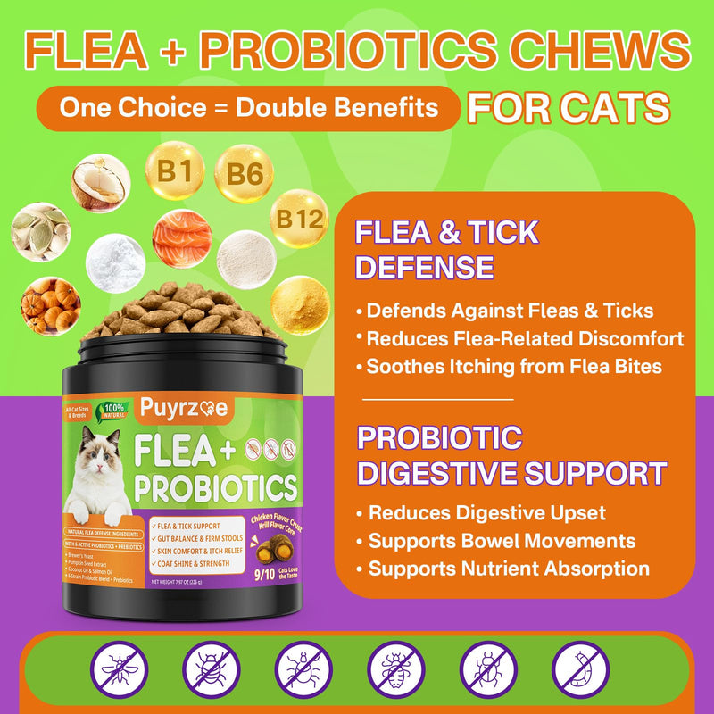 Puyrzoe Flea & Tick Support + Probiotics + Taurine for Cats Vitamins Chews – Flea Care, Immune, Gut Balance, Skin & Coat Care – 500 + 500 Chews with Probiotics, 11 Essential Vitamins & Taurine
