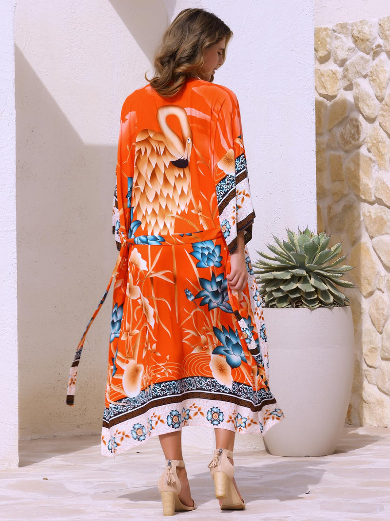Allegra K Women's Kimono Cardigans Loose Fit Causal Beach Floral Print Boho Cardigan Swimsuit Cover Up Medium Orange - BeesActive Australia