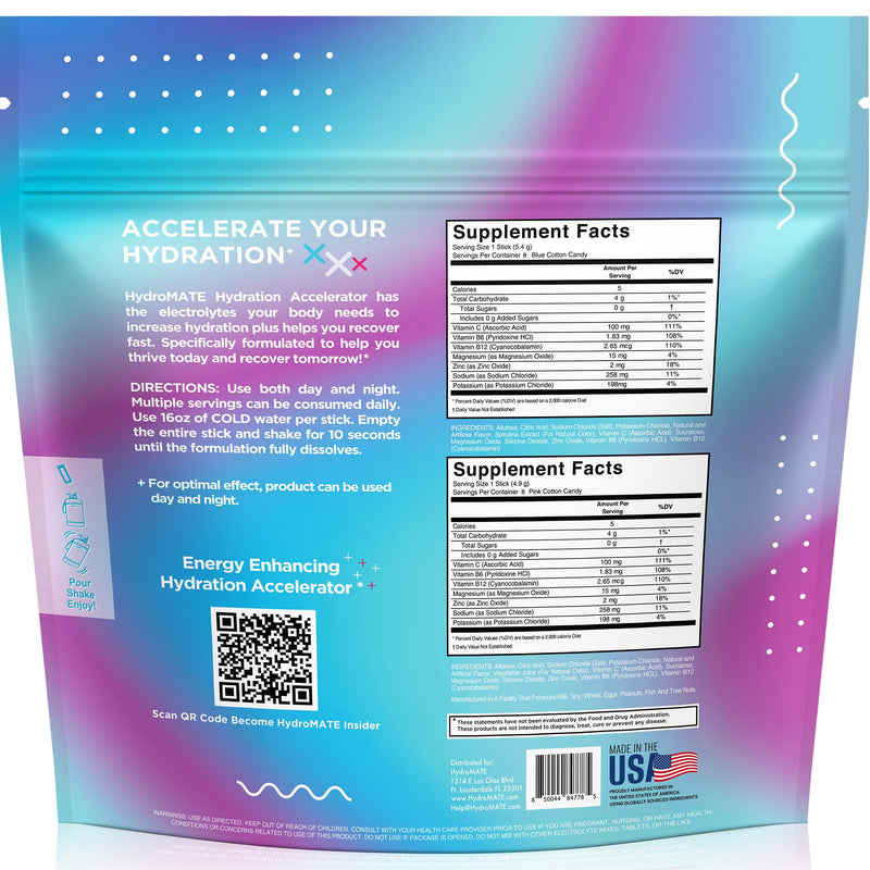 HydroMATE Cotton Candy Sugar Free Electrolyte Powder Packets, 16 Count | No Caffeine, Drink Mix, Water Enhancer, Magnesium, Potassium & Vitamin C, Keto-Friendly, Zero Calorie, Travel Ready 16 Count (Pack of 1)