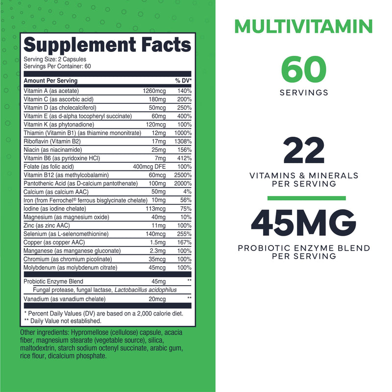 Type Zero Multivitamin Capsules (1,300mg) 120 Capsules, Vegetarian Friendly | With Probiotics + 22 Vitamins and Minerals, GMO-Free