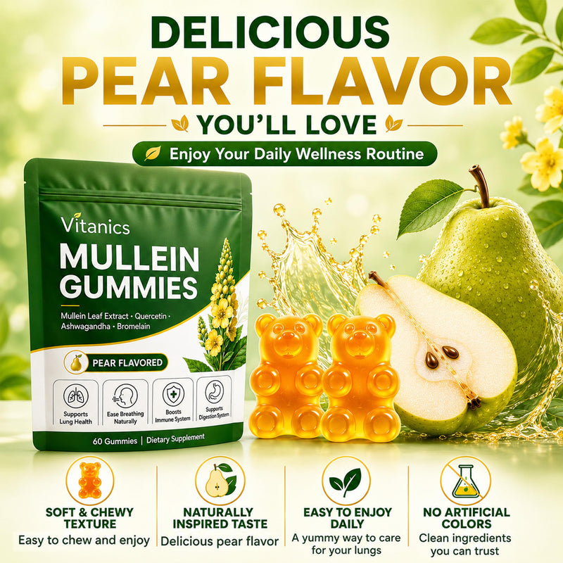 Vitanics Mullein Gummies, Mullein Leaf Extract for Lungs, Daily Respiratory Health Gummies with Quercetin, Ashwagandha, Bromelain & Vitamin D3, Lung Health & Sinus Relief, Pear Flavor, 30 Day Supply