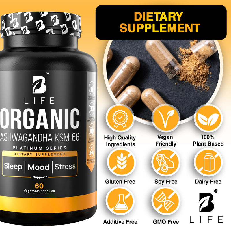 Organic Ashwagandha KSM-66 1000 mg Supplement | Adaptogen for Cortisol Support & Stress Relief | Mood, Calm & Sleep Aid for Men & Women | Ashwagandha ritual vitamins for women | 60 Vegan Caps 60 Count (Pack of 1)