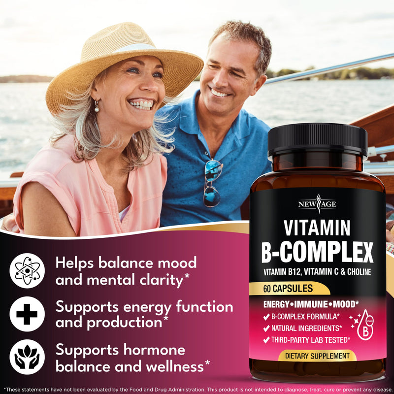 Vitamin B Complex for Men & Women - Made in USA - B-Complex: B1, B2, B3, B5, B6, B7, B8, B9, B12 with Vitamin C, Choline, Inositol - Energy, Brain & Heart Support Supplement - 60 Vegan Capsules 60 Count (Pack of 1)