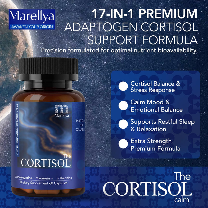 Cortisol Supplement for Women & Men – 17-in-1 Cortisol Manager with Ashwagandha, L-Theanine & Magnesium – Supports Stress Relief, Sleep & Adrenal Health – 60 Vegetarian Capsules