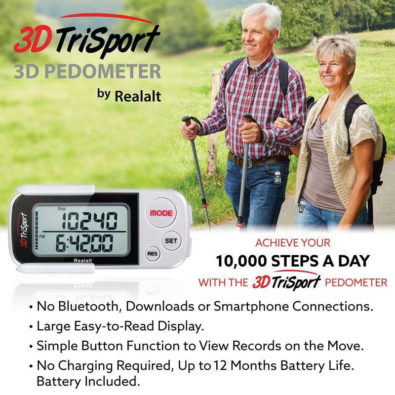 Realalt 3DTriSport 3D Walking Pedometer with Clip & Strap, Accurate Step Counter with 30-Day Memory, Distance in Miles/KM with Large Display Perfect for Seniors & Beginners, eBook Included One Size White