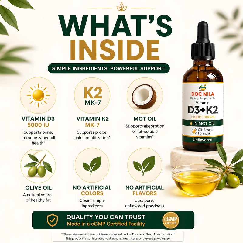 Vitamin D3 K2 Liquid Drops in MCT Oil – 5000 IU Vitamin D3 (125 mcg) + 100 mcg Vitamin K2 MK-7 – Unflavored – 60 mL – 30 Servings