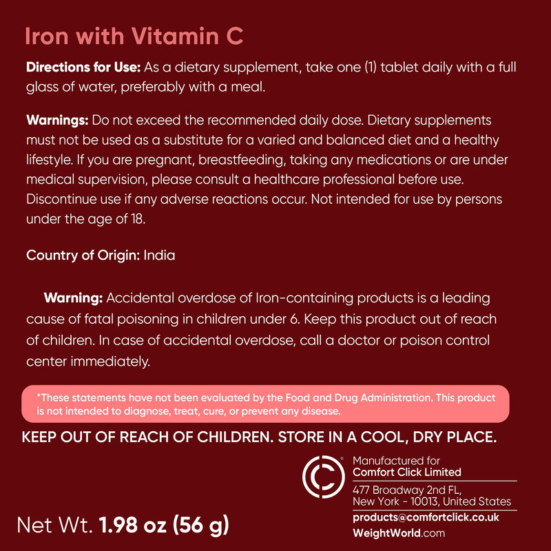 WeightWorld Iron 65mg with Vitamin C 125mg Tablets for Blood Health, Energy & Immune Support | 180 Tablets (6-Month Supply) | Gentle Iron Supplement for Women & Men - Vegan, Non-GMO