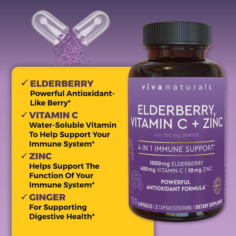 Viva Naturals Elderberry with Vitamin C and Zinc, 120 Capsules - 1000mg Sambucus Elderberry per Serving Immune Support Supplement, Black Elderberry Capsules for Adults, Elderberry Vitamins 120 Count (Pack of 1)