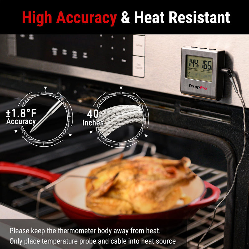 TempPro TP16 Large LCD Digital Cooking Food Meat Thermometer for Smoker Oven Kitchen BBQ Grill Thermometer Clock Timer with Stainless Steel Temperature Probe(Previously ThermoPro) Light Silver - BeesActive Australia