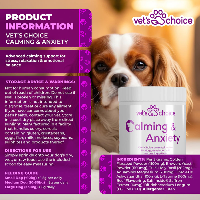 Dog Calming Supplements - Calming & Anxiety Powder for Dogs - 270g | Vet's Choice - GMP Certified | Support for relaxation & emotional balance | UK Made Dog Supplement, Mix in with Food (Beef Flavour)